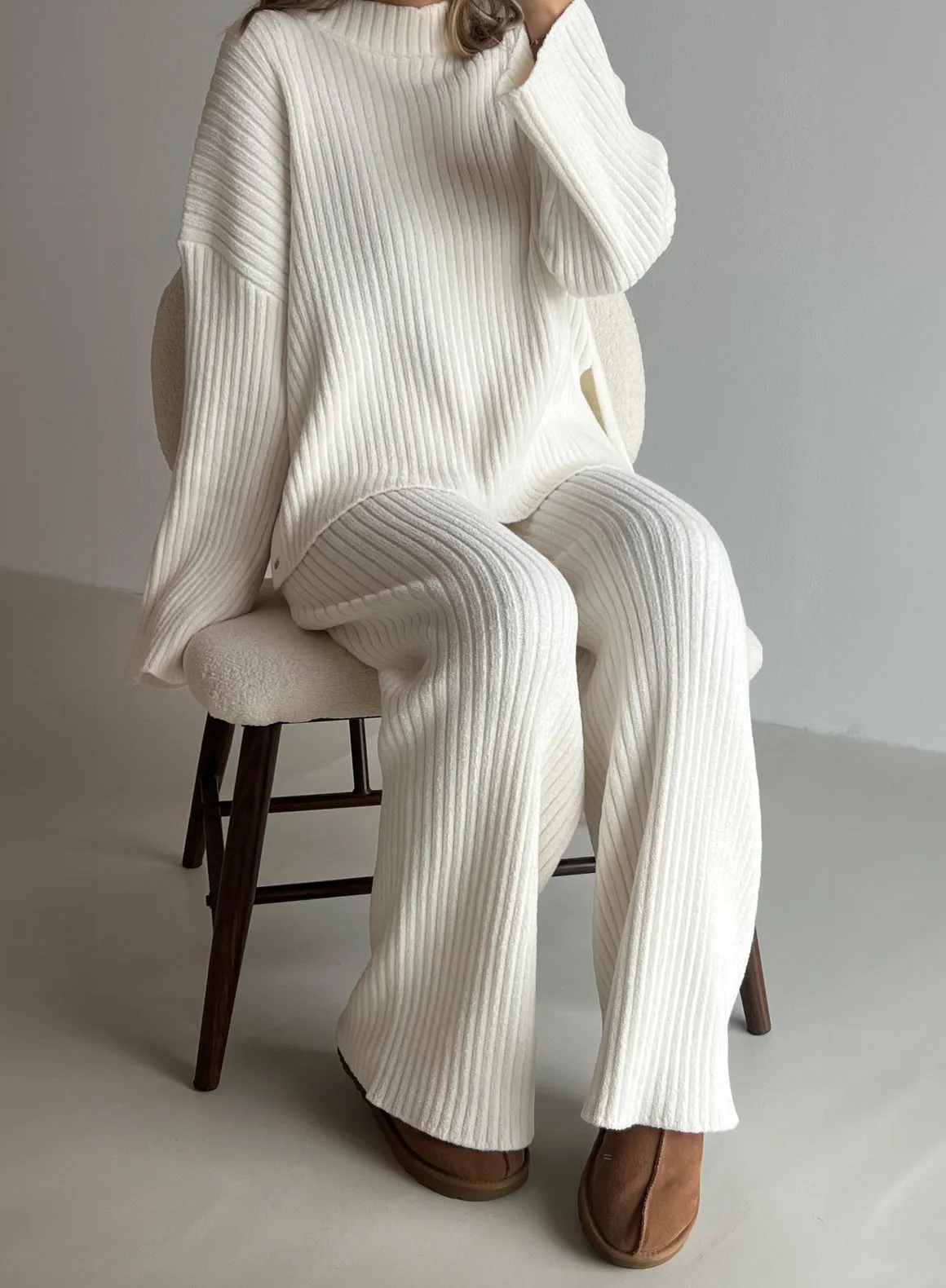 Almond White Rib Knit Pants