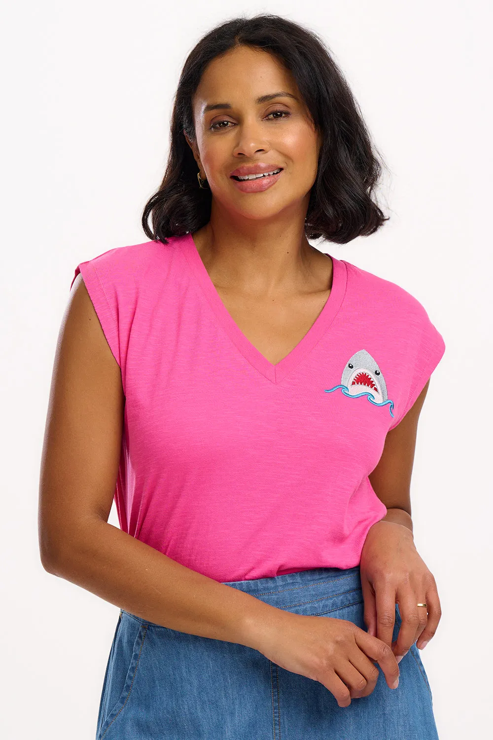 Ariana V-Neck Tank T-shirt - Pink. Fin-tastic Shark