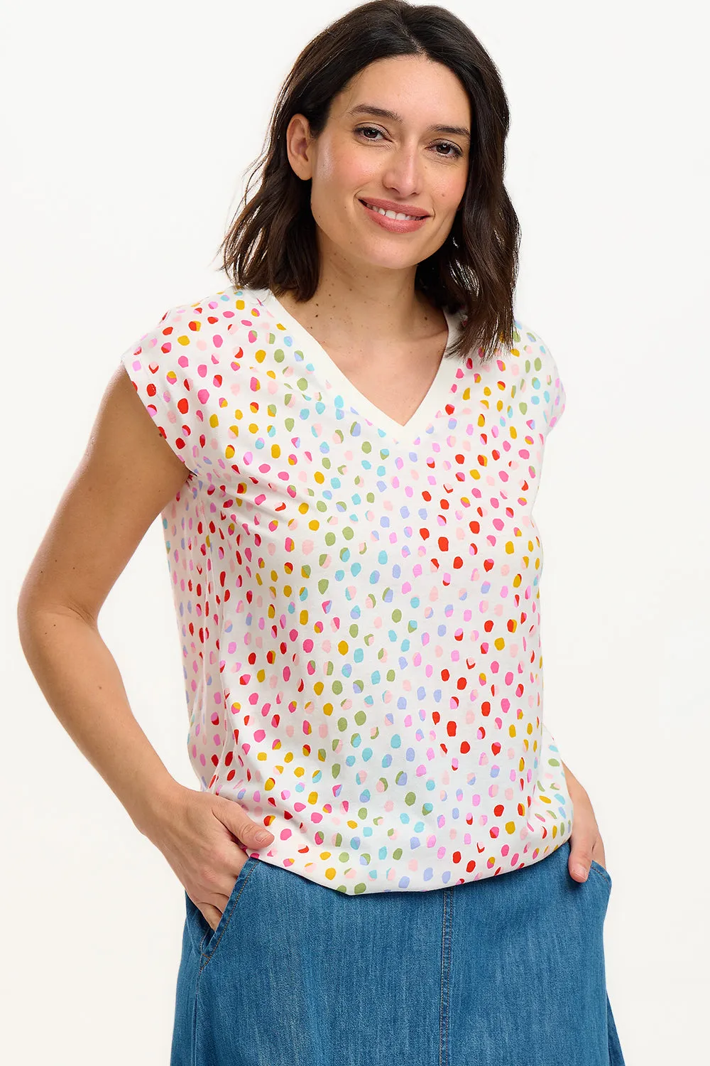 Ariana V-Neck Tank T-Shirt - White. Rainbow Pebbles