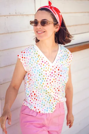 Ariana V-Neck Tank T-Shirt - White. Rainbow Pebbles