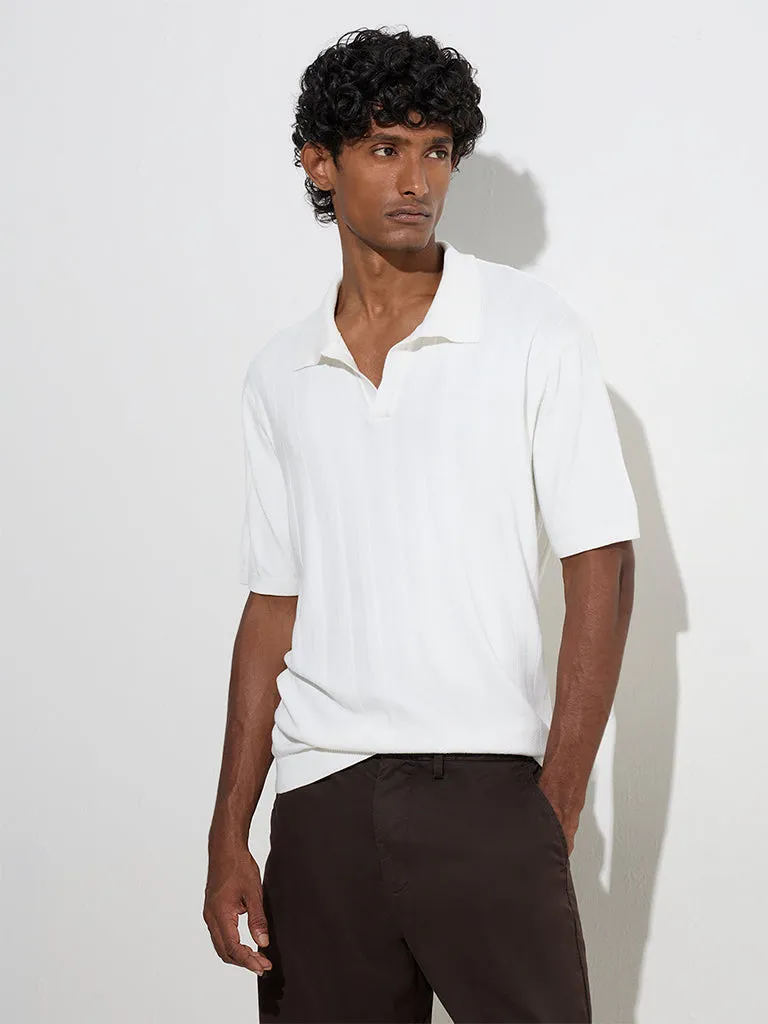 Ascot White Self-Striped Relaxed-Fit Polo T-Shirt