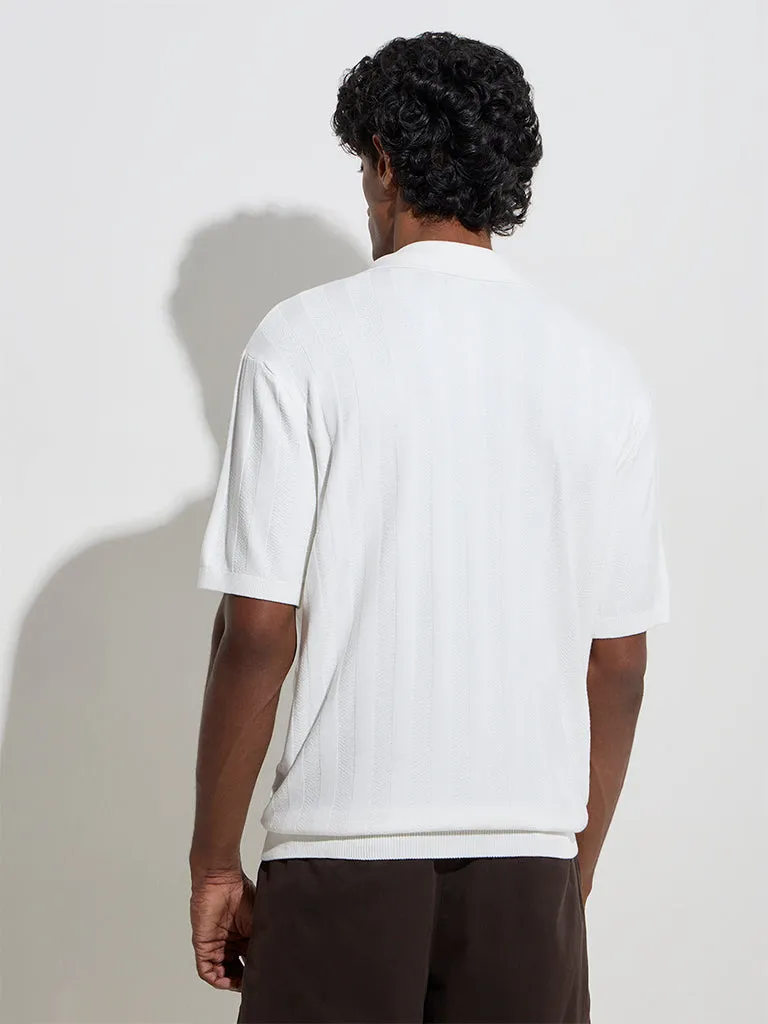 Ascot White Self-Striped Relaxed-Fit Polo T-Shirt