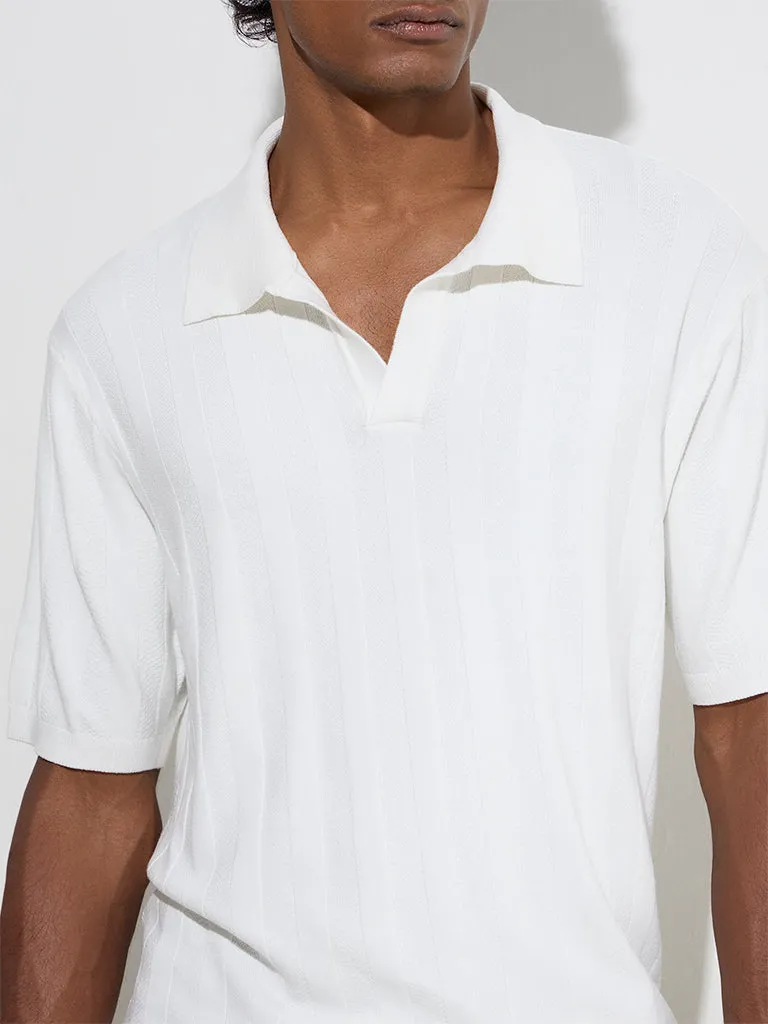 Ascot White Self-Striped Relaxed-Fit Polo T-Shirt