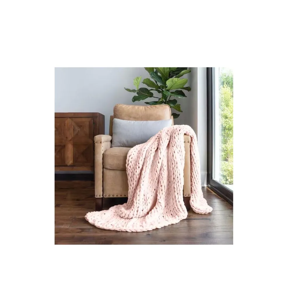 Becky Cameron IEH-THROW-CHKN-BLUSH Blush Chunky Knit Acrylic Throw Blanket, Blush