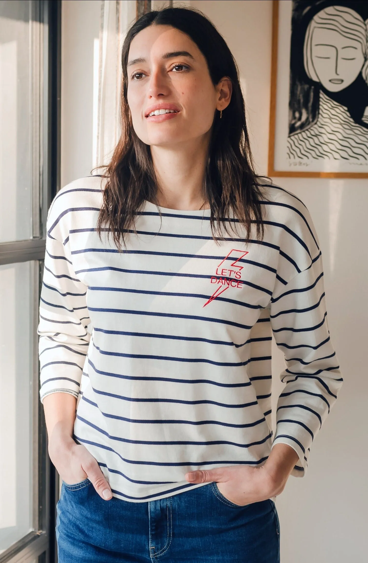 Billie Breton Top - Off White/Navy. Let's Dance