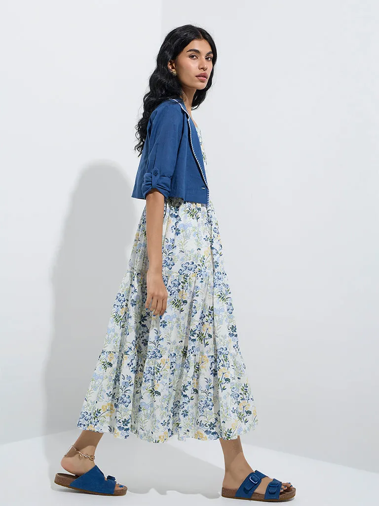 Bombay Paisley Blue Floral Tiered Cotton Dress with Jacket