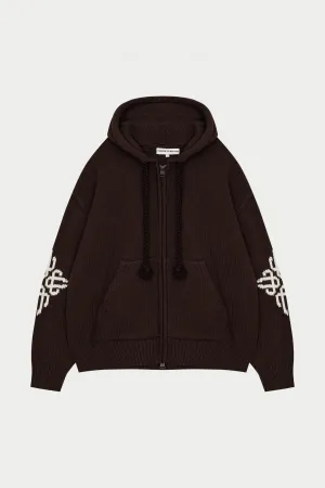 CHUNKY KNIT EMBLEM ZIP THROUGH HOODIE - CHOCOLATE