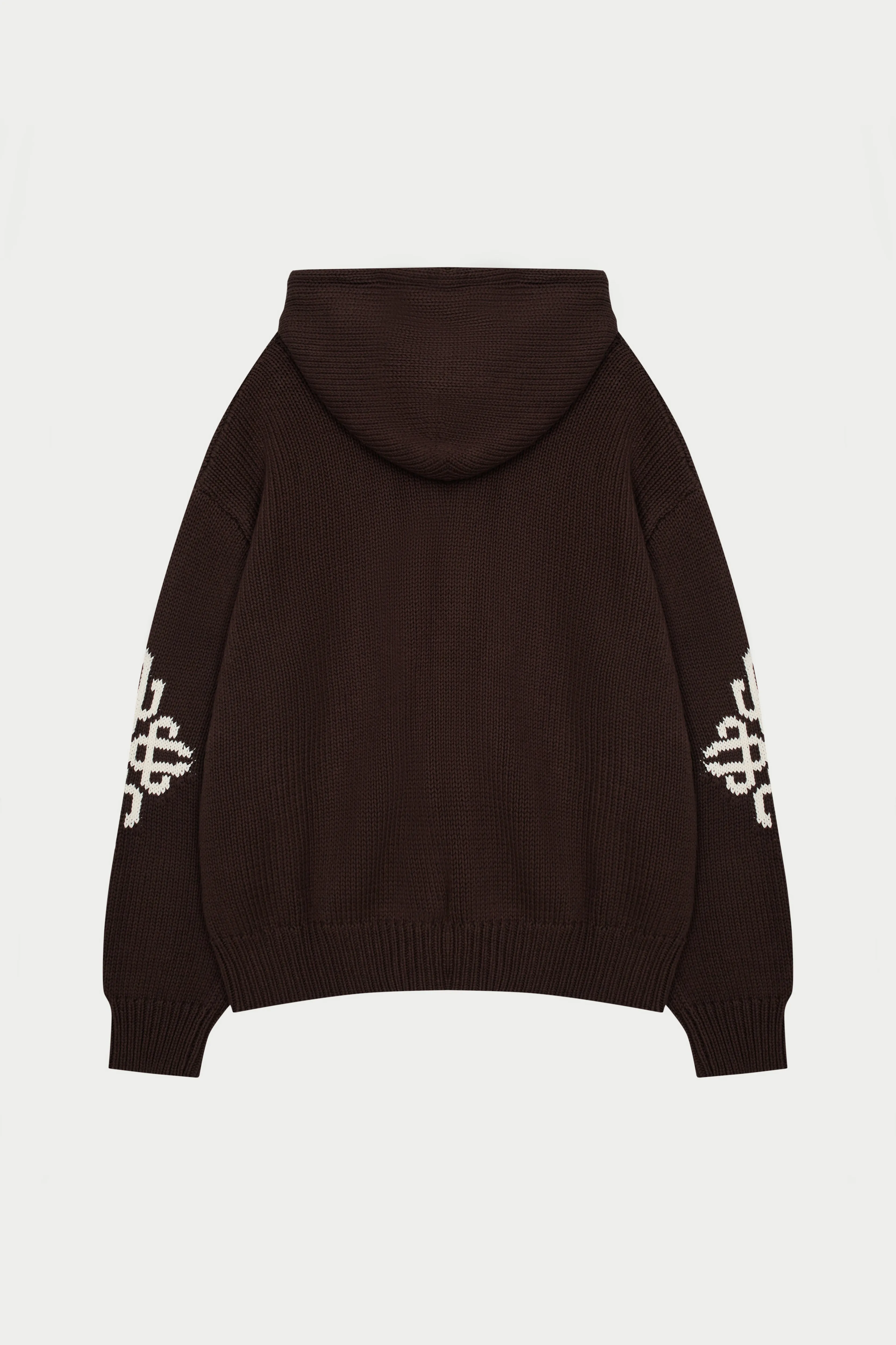 CHUNKY KNIT EMBLEM ZIP THROUGH HOODIE - CHOCOLATE