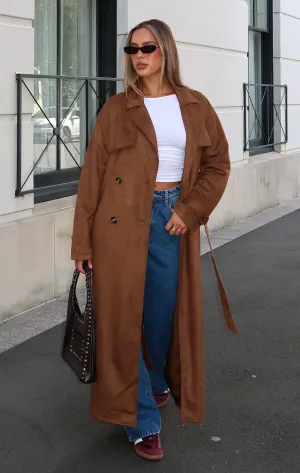 Crowned Chaos Faux Suede Trench Almond