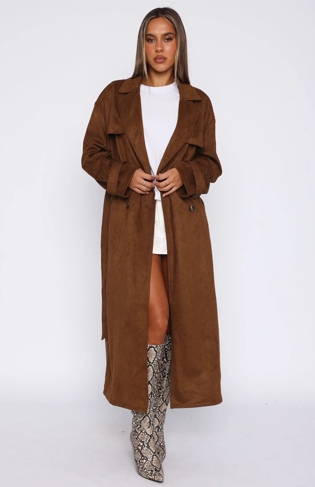 Crowned Chaos Faux Suede Trench Almond