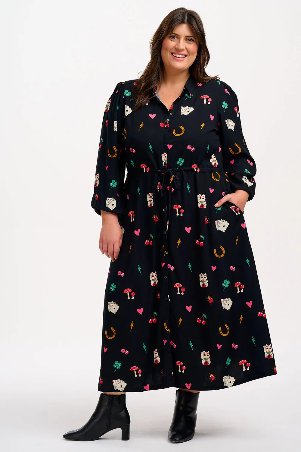 Dottie Maxi Shirt Dress - Black. Lucky Charms