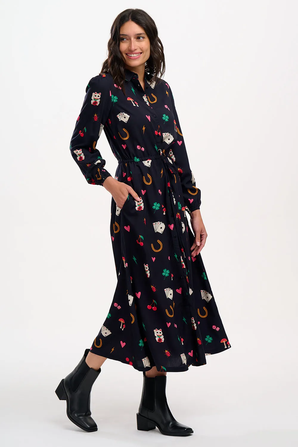 Dottie Maxi Shirt Dress - Black. Lucky Charms