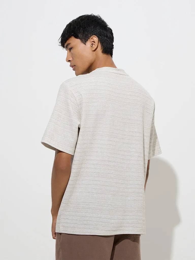 ETA Beige Striped Knitted Relaxed-Fit Cotton-Blend T-Shirt