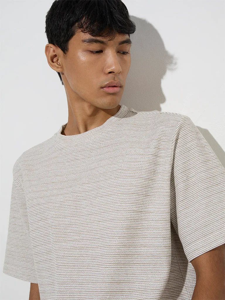 ETA Beige Striped Knitted Relaxed-Fit Cotton-Blend T-Shirt