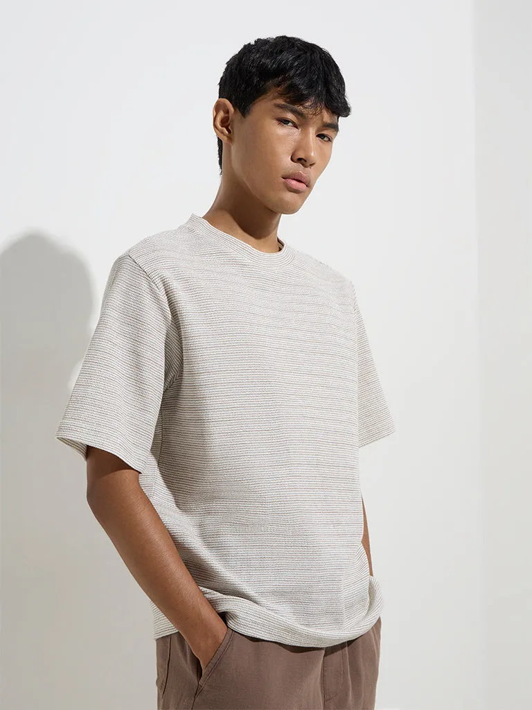 ETA Beige Striped Knitted Relaxed-Fit Cotton-Blend T-Shirt