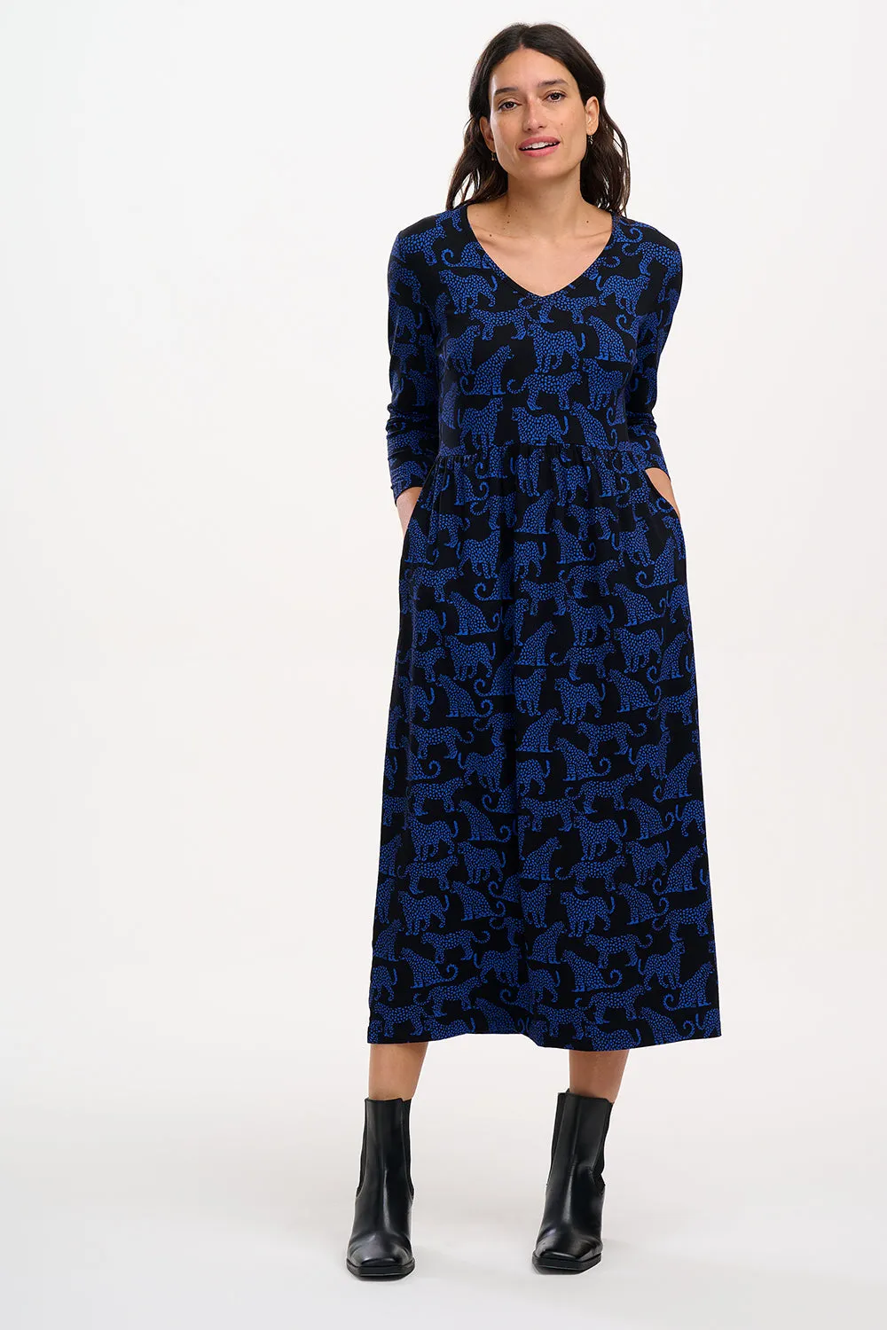 Evelyn Midi Jersey Dress - Black/Blue. Leopard Spots