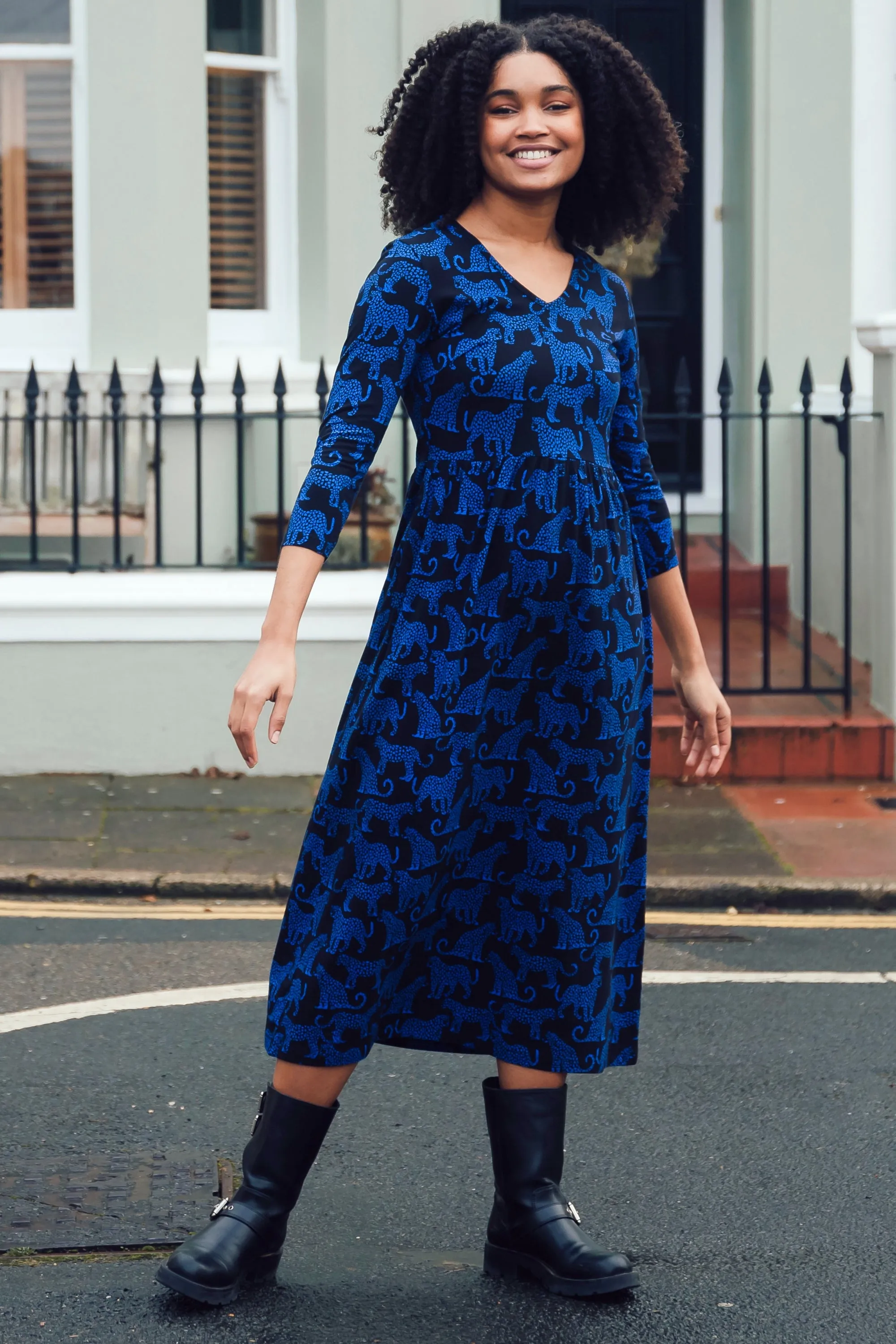 Evelyn Midi Jersey Dress - Black/Blue. Leopard Spots