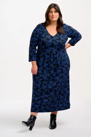 Evelyn Midi Jersey Dress - Black/Blue. Leopard Spots