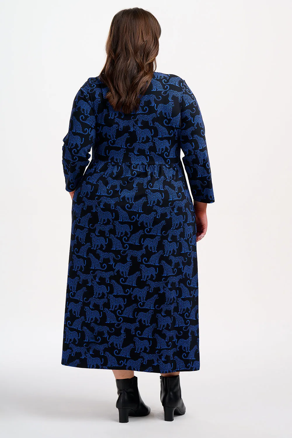 Evelyn Midi Jersey Dress - Black/Blue. Leopard Spots
