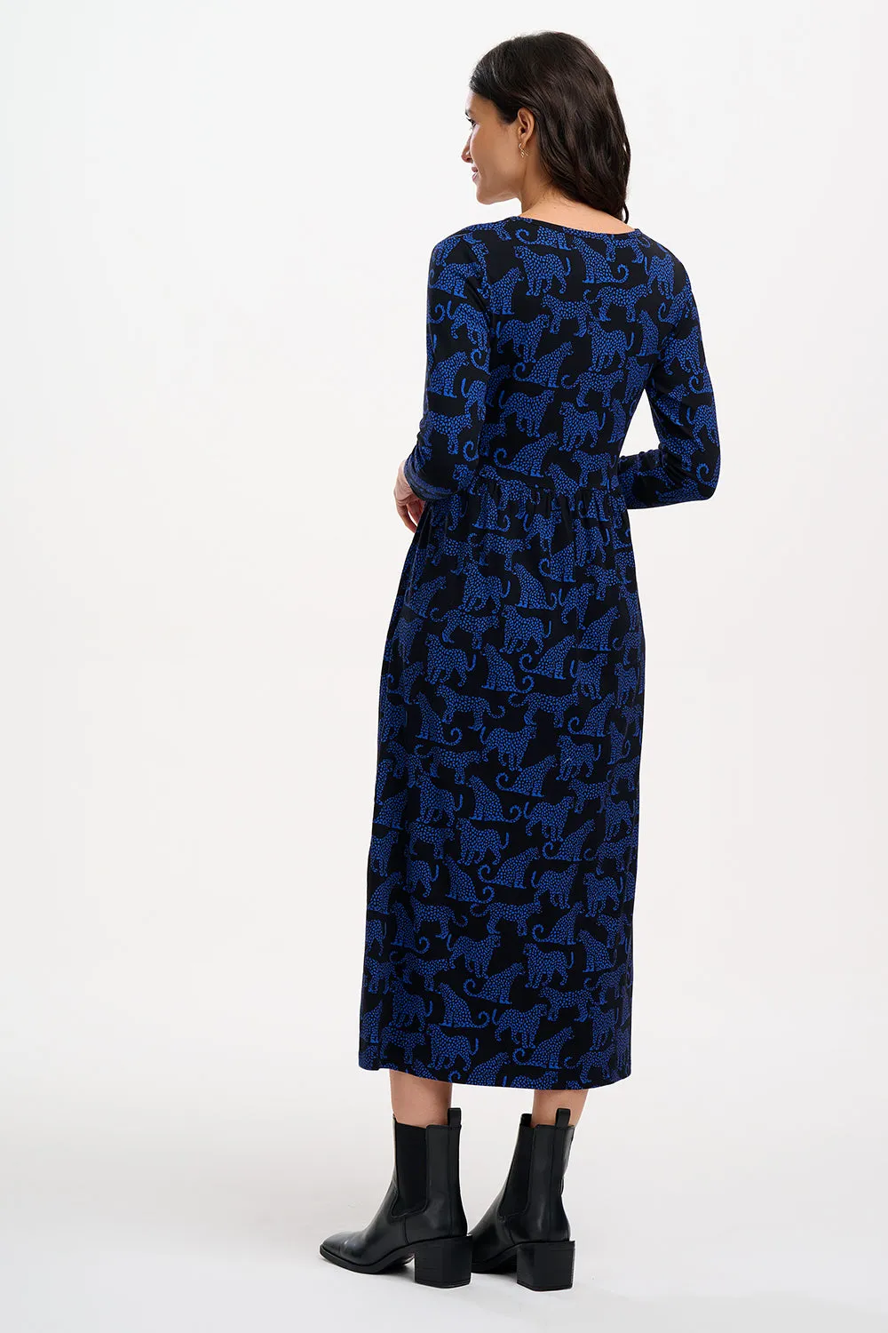 Evelyn Midi Jersey Dress - Black/Blue. Leopard Spots