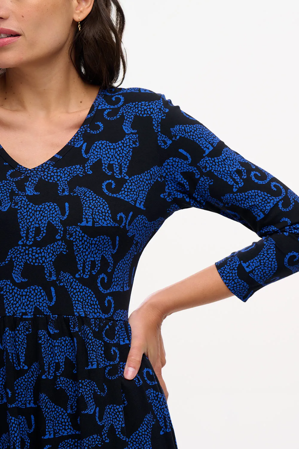 Evelyn Midi Jersey Dress - Black/Blue. Leopard Spots