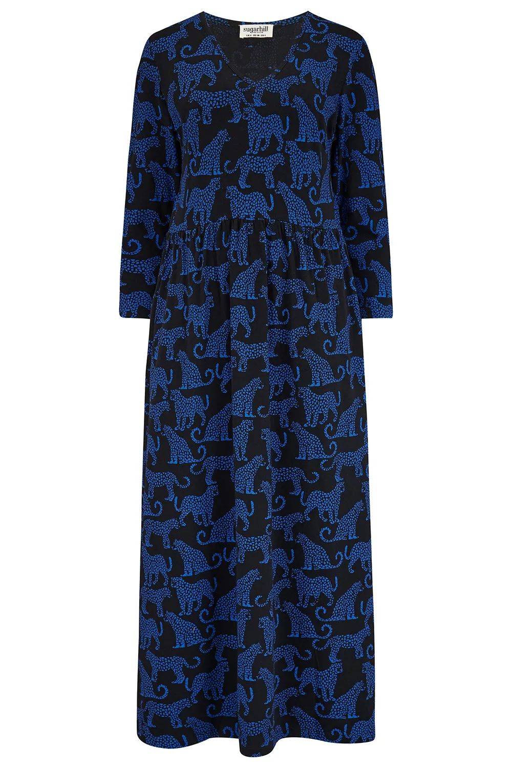 Evelyn Midi Jersey Dress - Black/Blue. Leopard Spots