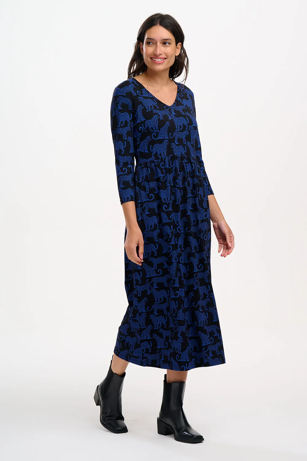 Evelyn Midi Jersey Dress - Black/Blue. Leopard Spots
