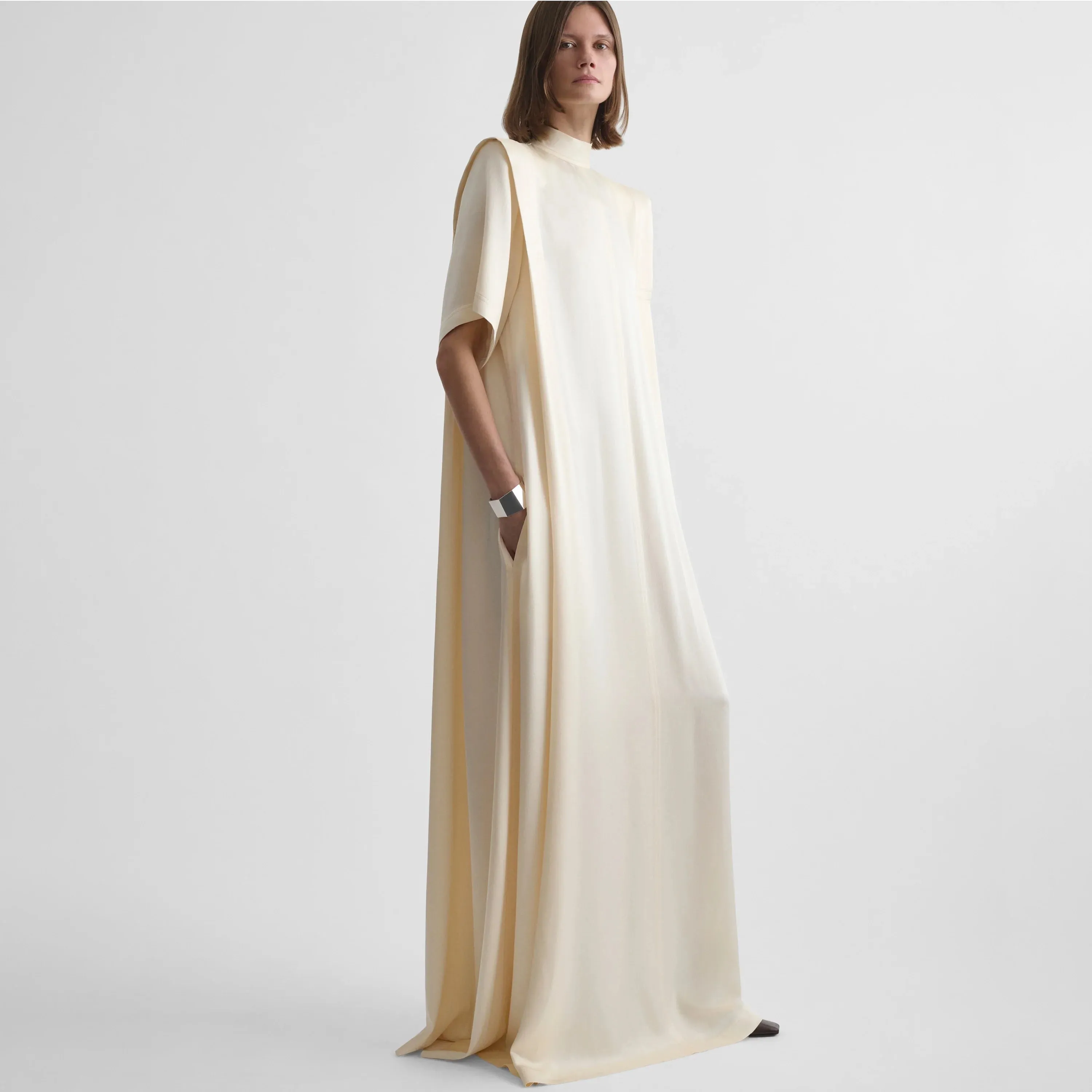FOLDED SHOULDER DRESS | vanilla satin back crepe