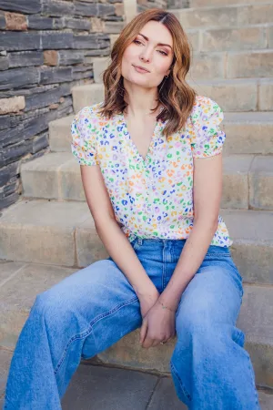 Freesia Frill Blouse - Off-White/Multi. Mottled Leopard