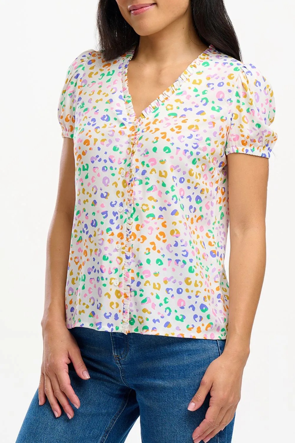 Freesia Frill Blouse - Off-White/Multi. Mottled Leopard