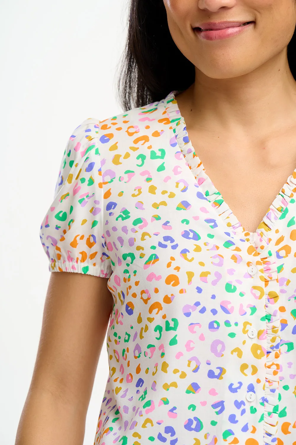 Freesia Frill Blouse - Off-White/Multi. Mottled Leopard