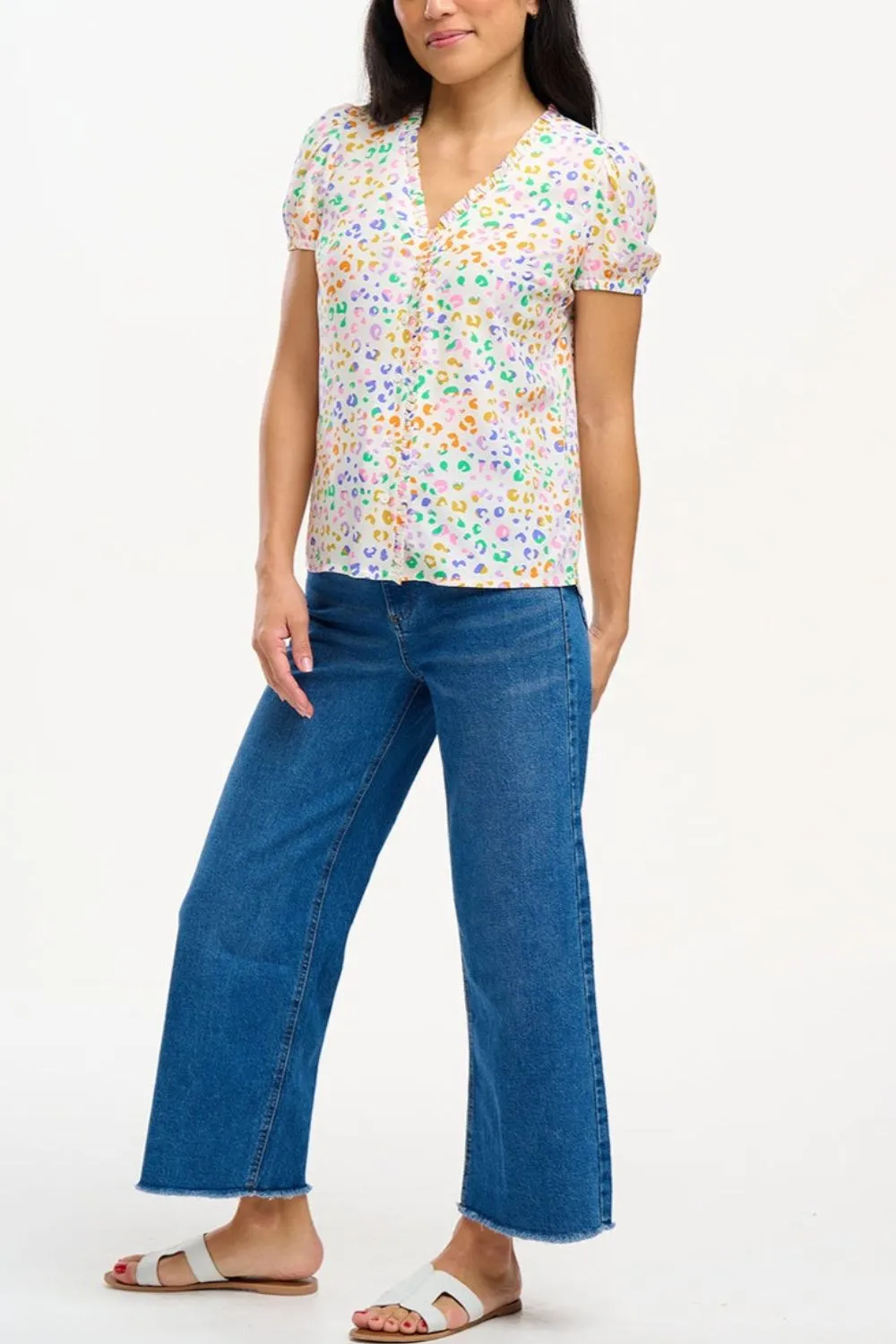 Freesia Frill Blouse - Off-White/Multi. Mottled Leopard