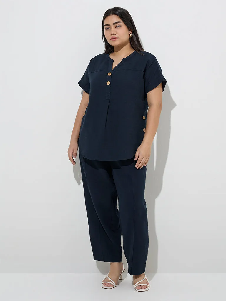 Gia Navy Solid High-Rise Cotton Pants