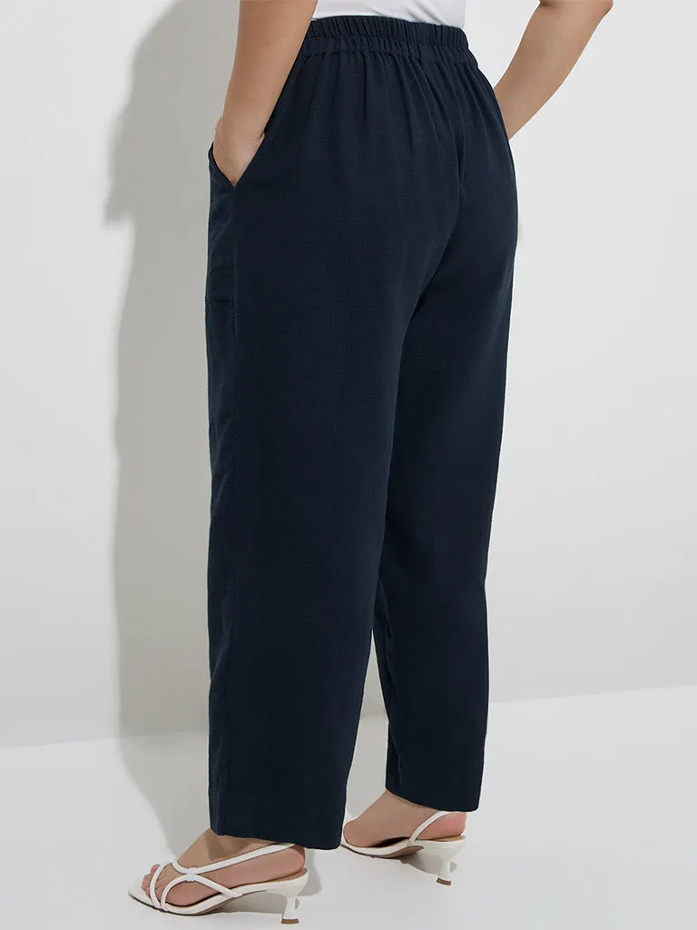 Gia Navy Solid High-Rise Cotton Pants