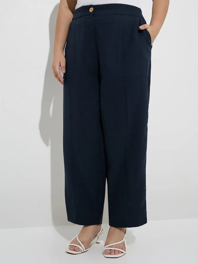 Gia Navy Solid High-Rise Cotton Pants