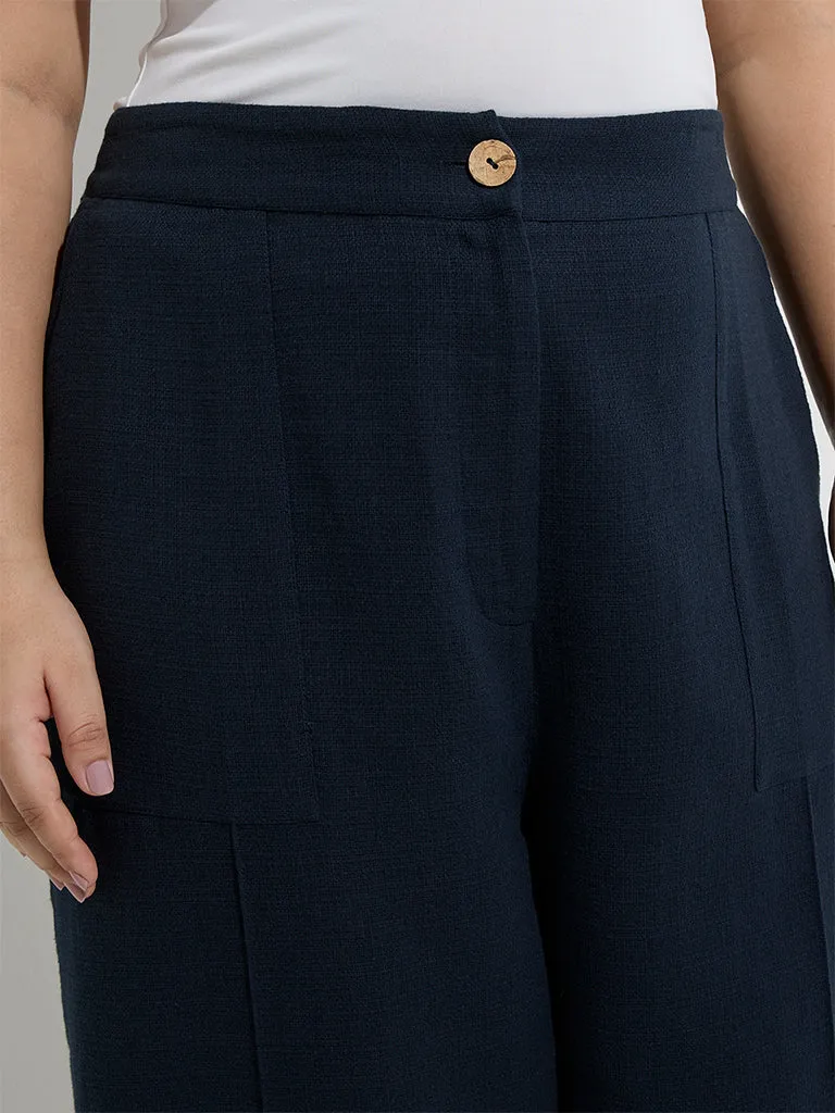 Gia Navy Solid High-Rise Cotton Pants