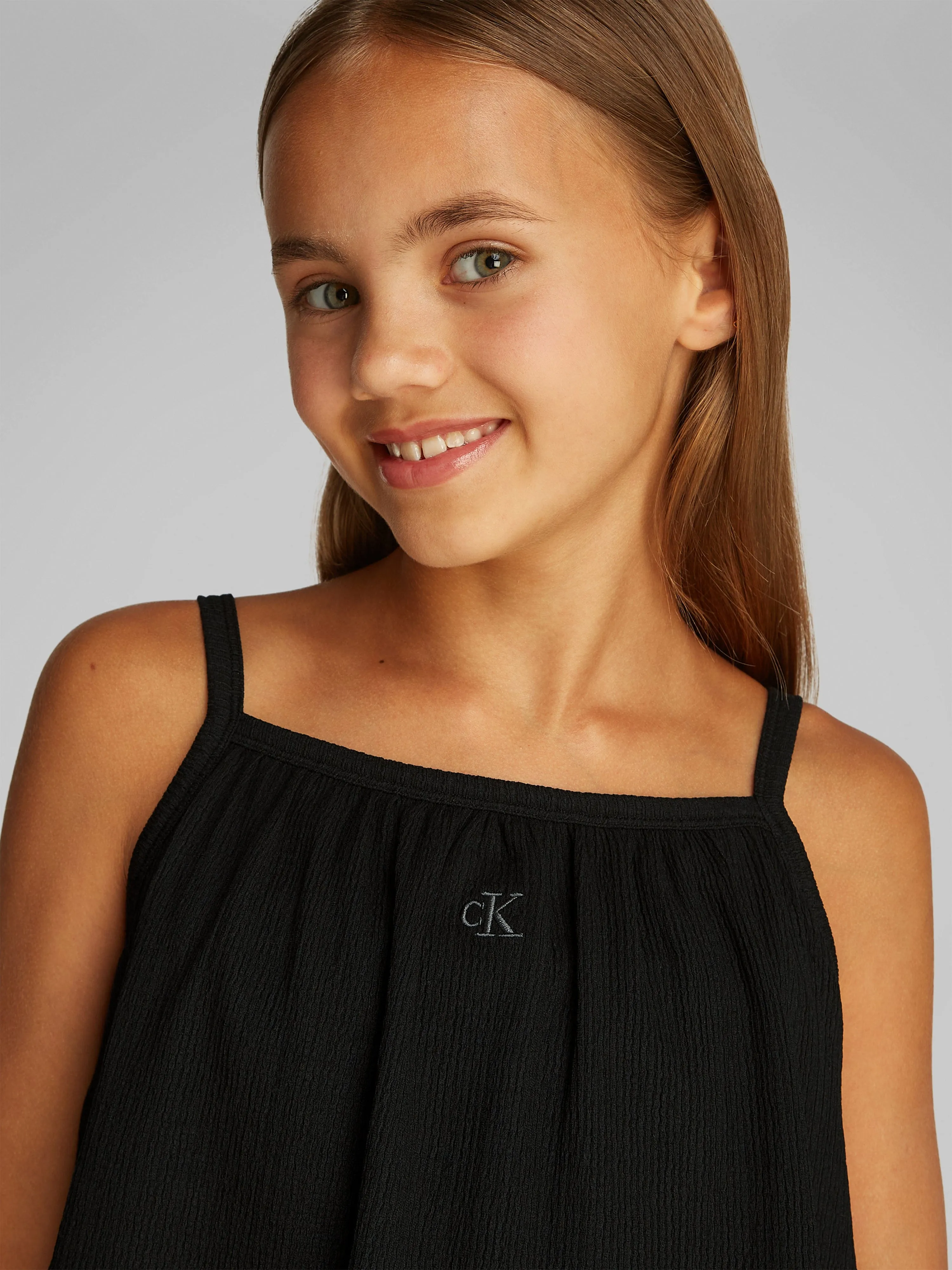 Girls Crinkle Layered Tank Dress in Black