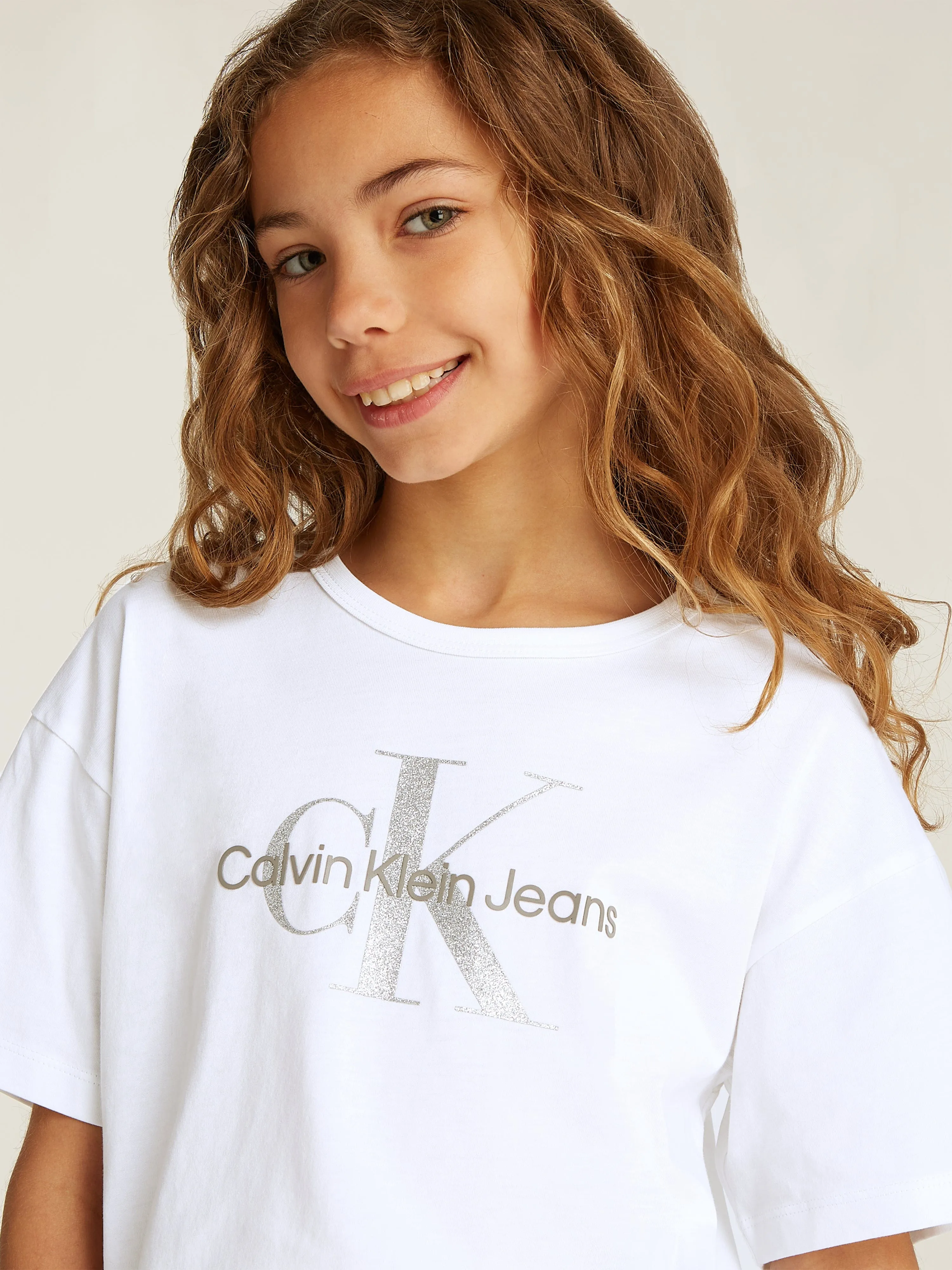Girls Glitter Monologo T-Shirt in White