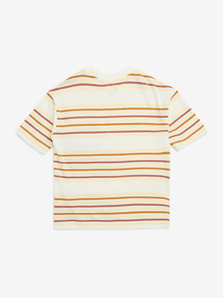 HOP Kids Beige Stripe Printed Cotton T-Shirt