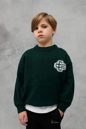 JNR FLUFFY KNIT EMBLEM CREW - GREEN