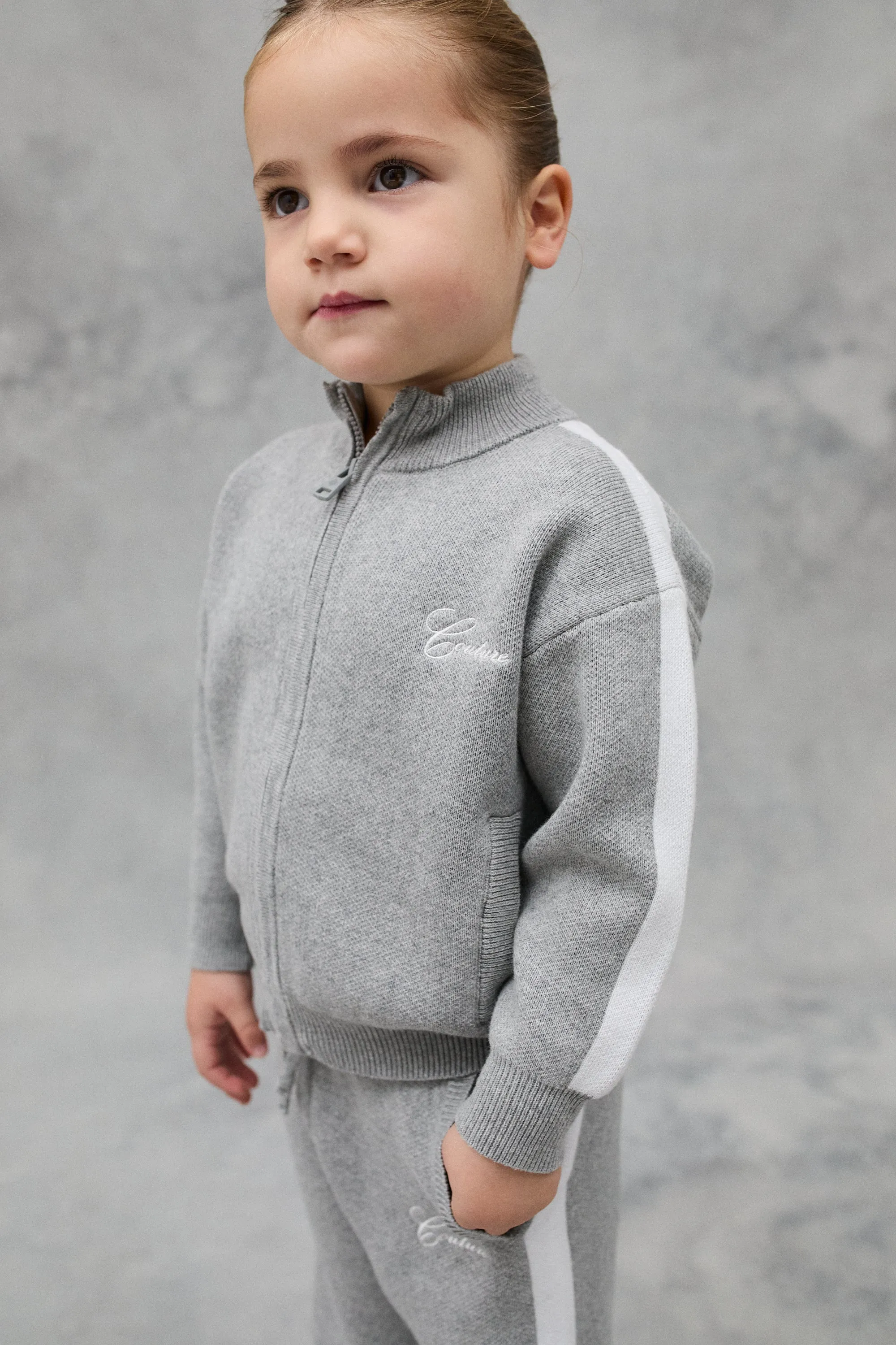 JNR SIDE STRIPE KNITTED ZIP THROUGH - GREY MARL
