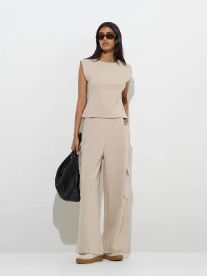 LOV Beige Solid Cotton-Blend Top