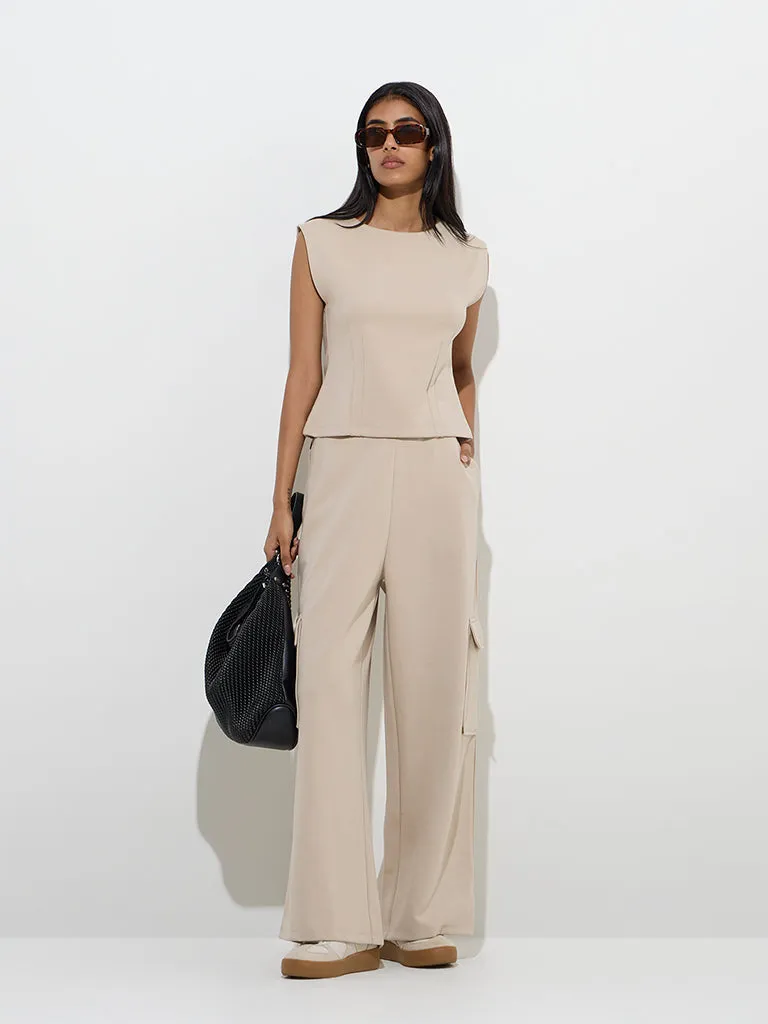 LOV Beige Solid Cotton-Blend Top