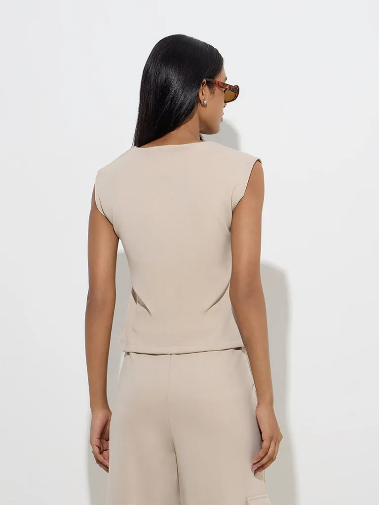 LOV Beige Solid Cotton-Blend Top