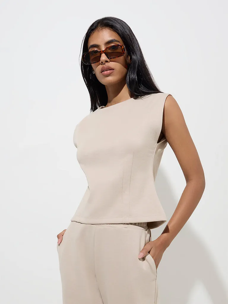 LOV Beige Solid Cotton-Blend Top