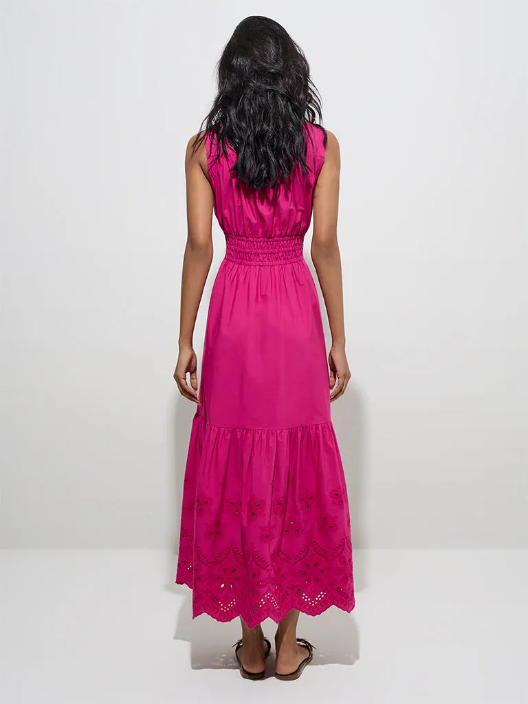 LOV Fuchsia Schiffli Detailed Cotton A-Line Dress