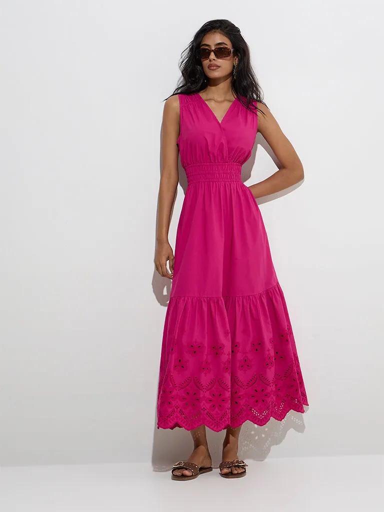 LOV Fuchsia Schiffli Detailed Cotton A-Line Dress