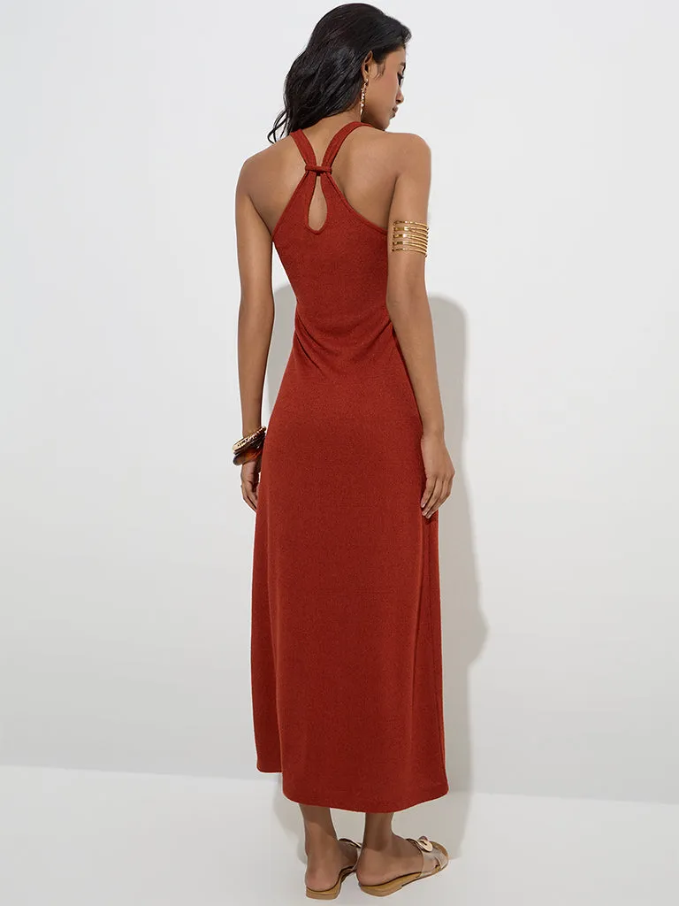 LOV Rust Knit-Textured Linen-Blend A-Line Dress