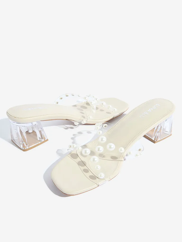 LUNA BLU Ivory Pearl Embellished Block Heel Sandals