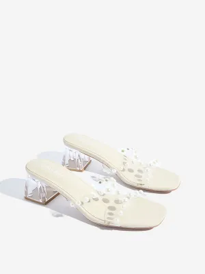 LUNA BLU Ivory Pearl Embellished Block Heel Sandals
